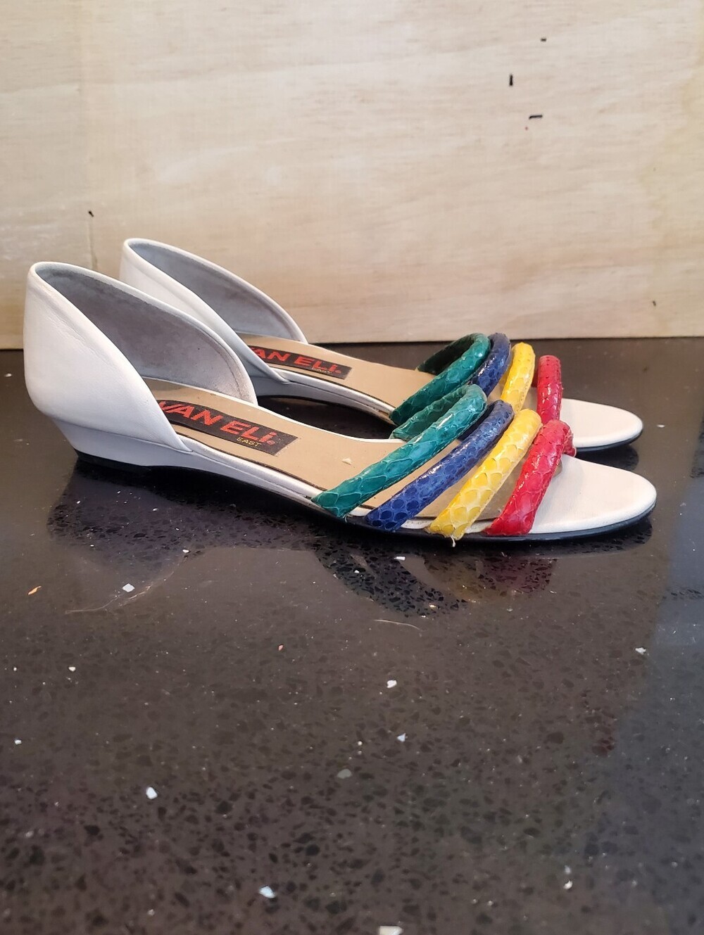 Vintage VanEli Leather White D'Orsay Red Yellow Blue Green Braided Straps 8N